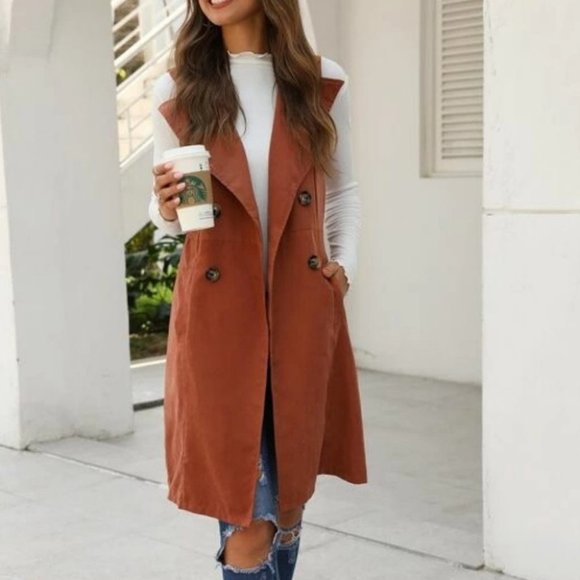 Double Breasted Pocket Side Vest Coat - Rusty Brown - Picture 2 of 6